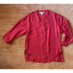 Oleg Cassini 100% Silk Red Blouse Button Front Long Sleeve Top Size M